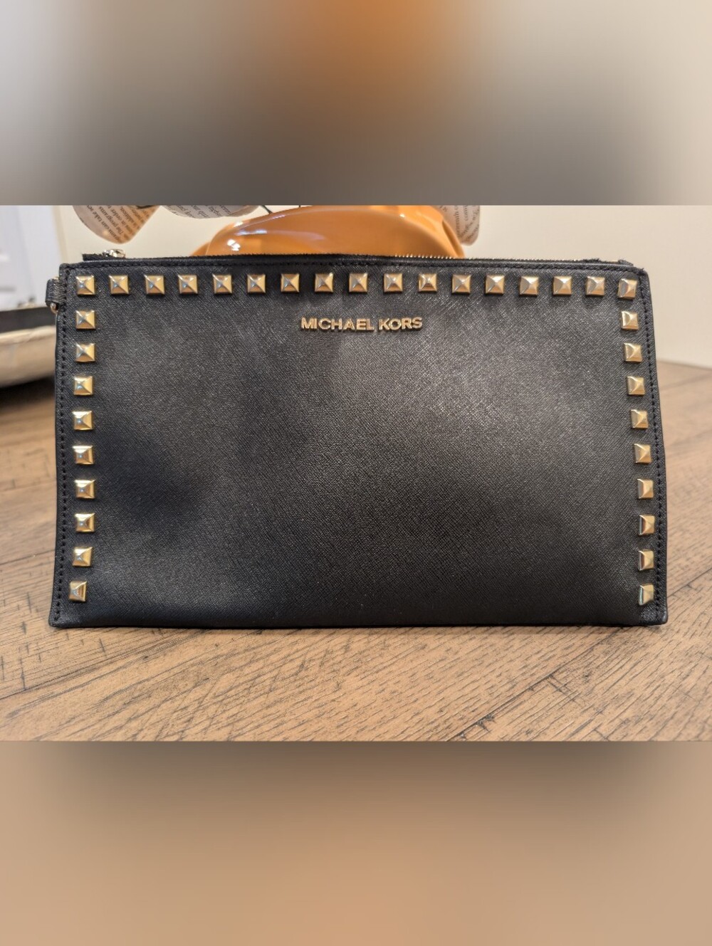Michael Kors Black Saffiano Leather Gold Studded Wristlet Clutch